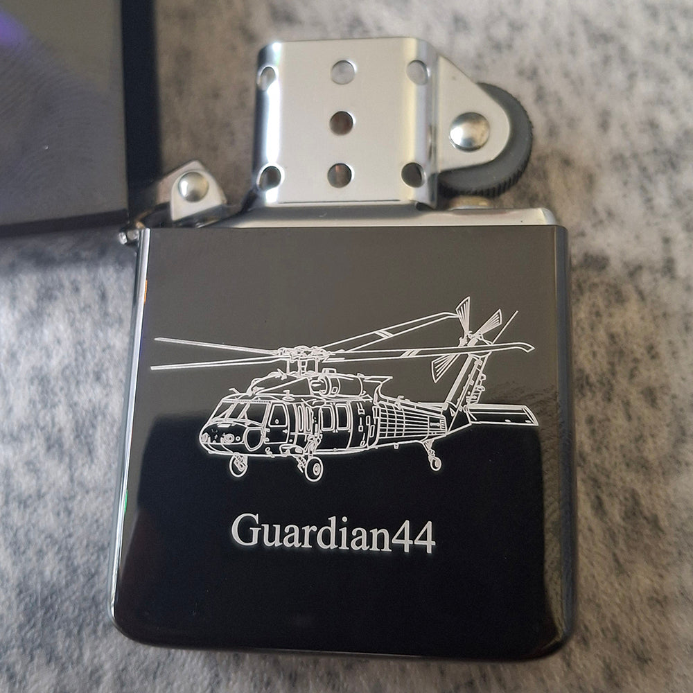 UH60 Black hawk helicopter with personalised text on Ice Black Lighter