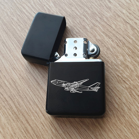 Boeing 747 aircraft design engraved on black cigarette lighter