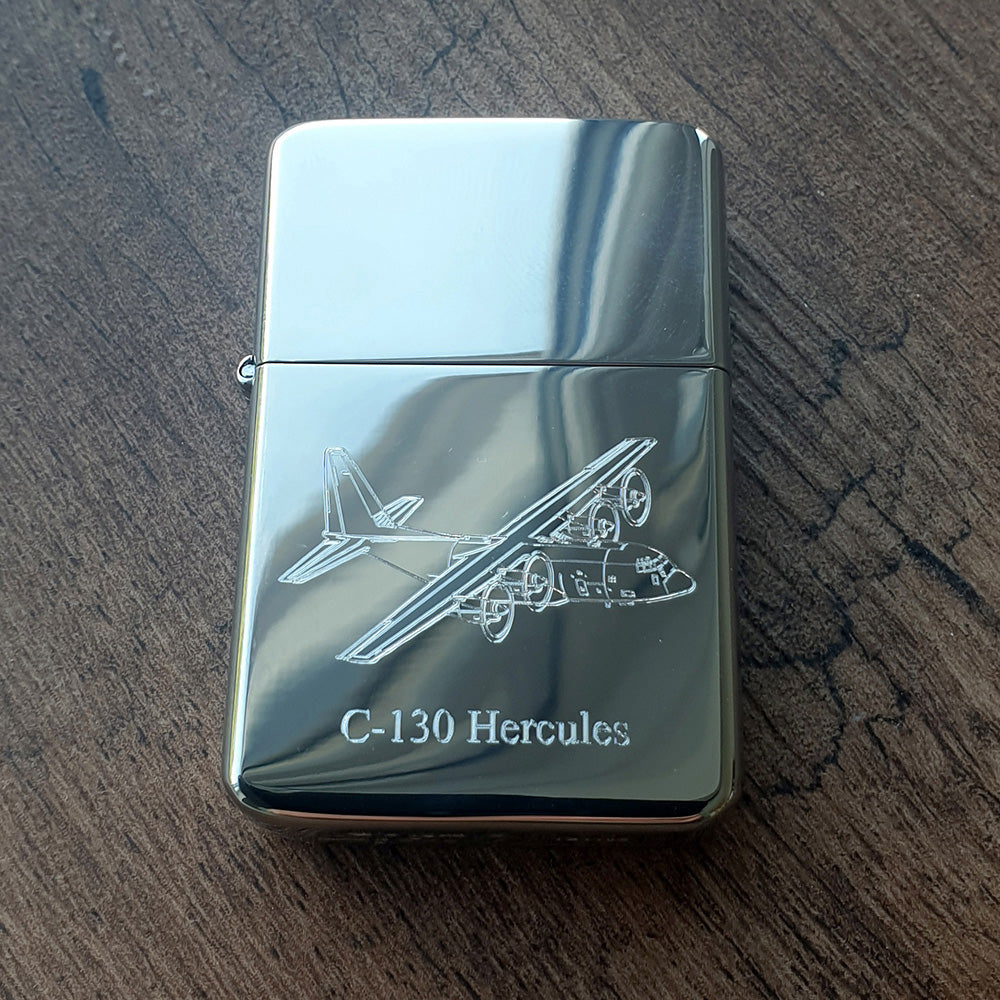 C130 Hercules artwork etched on a chrome petrol lighter