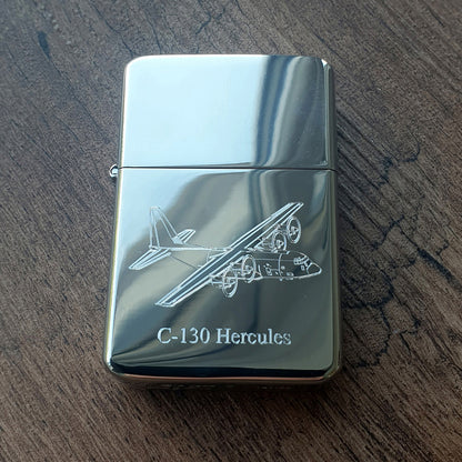 C130 Hercules artwork etched on a chrome petrol lighter
