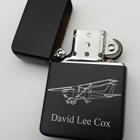 Cessna 172 aircraft engraved on matt black lighter with name underneath