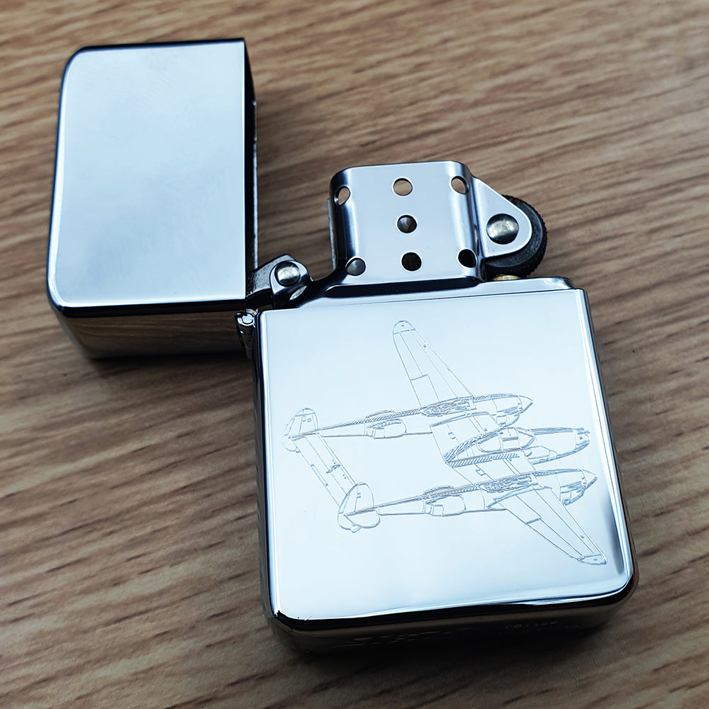P38 lightning engraved with silver chrome lighter
