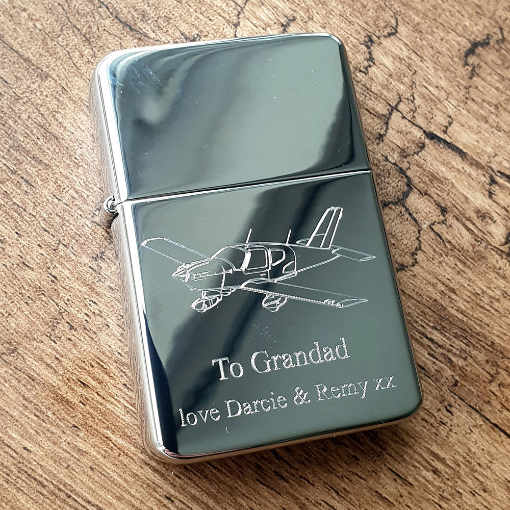 Socata TB9 Aircraft etched into a chrome silver lighter with message to grandad