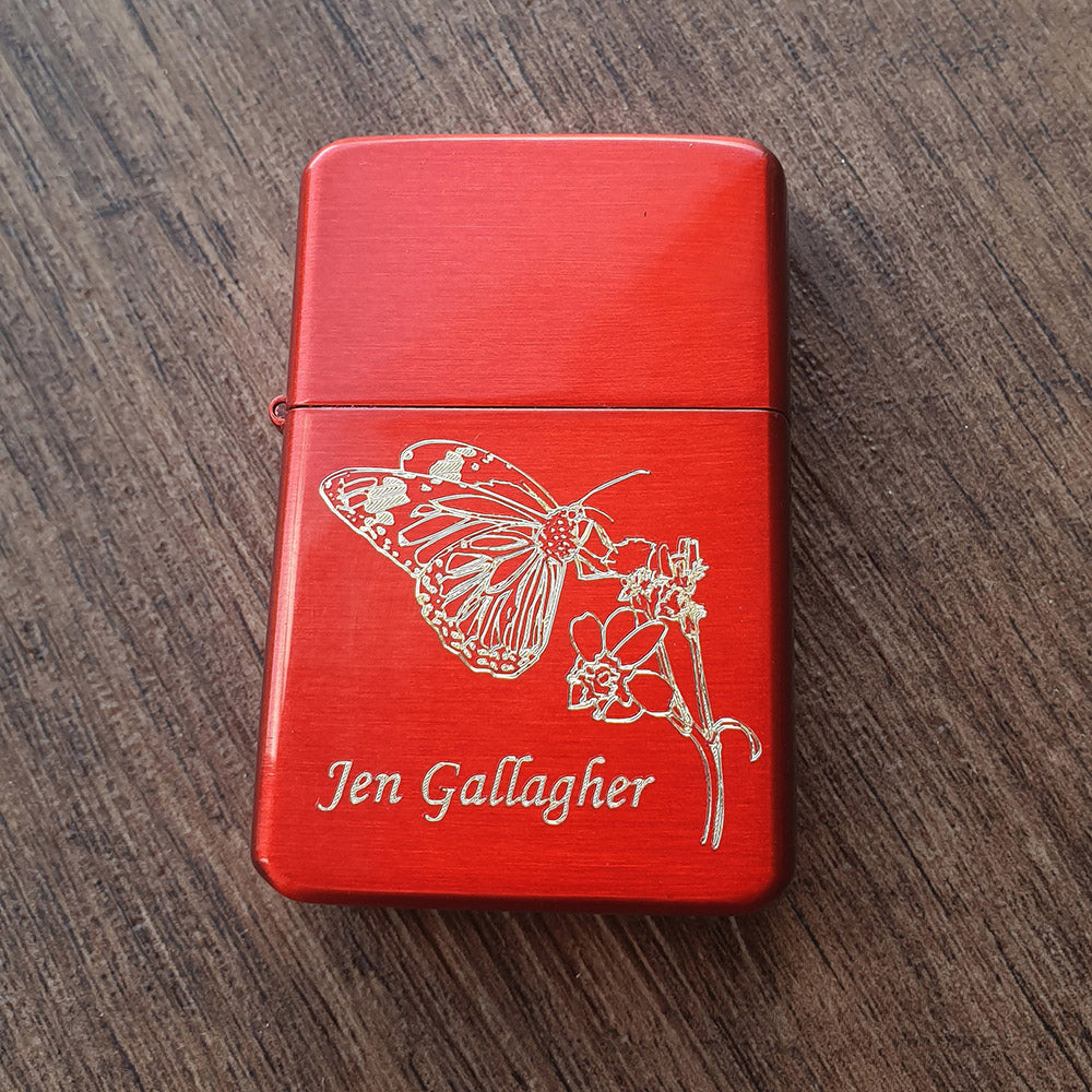 Butterfly and Plant engraved on Red Lighter with name.