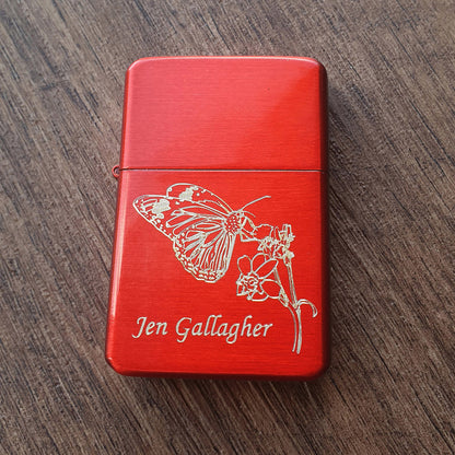 Butterfly and Plant engraved on Red Lighter with name.