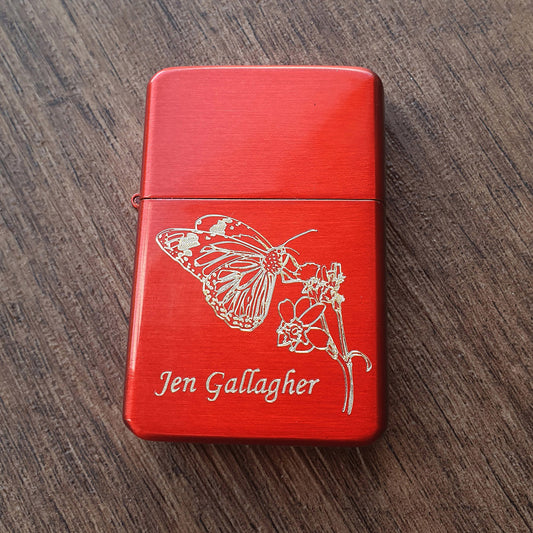 Butterfly and Plant engraved on Red Lighter with name.