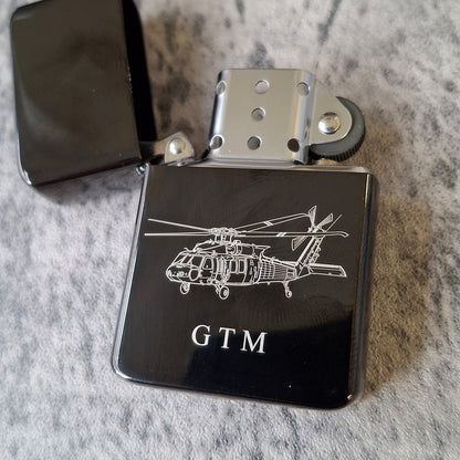 Our UH60 Blackhawk artwork engraved on Ice Black lighter with initals.