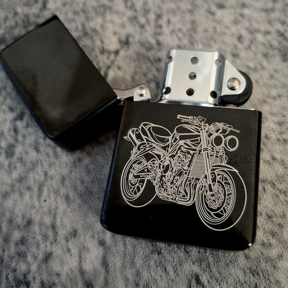 Fibre laser engraved Street Triple motorcycle artwork on a Black Ice Lighter