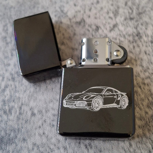 Our 911 Sports Car artwork engraved on Black flip top lighter