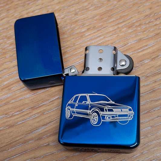 Blue Flip top lighter engraved with our Pug 205 Car artwork