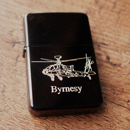 Black Lighter with Apache Helicopter Design engraved