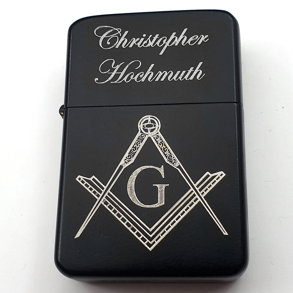 Matt Black lighter engraved Masonic logo with centre G and name engraved in Edwardian script font.