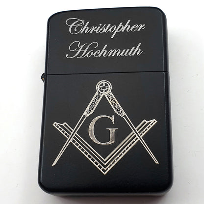 Matt Black lighter engraved Masonic logo with centre G and name engraved in Edwardian script font.