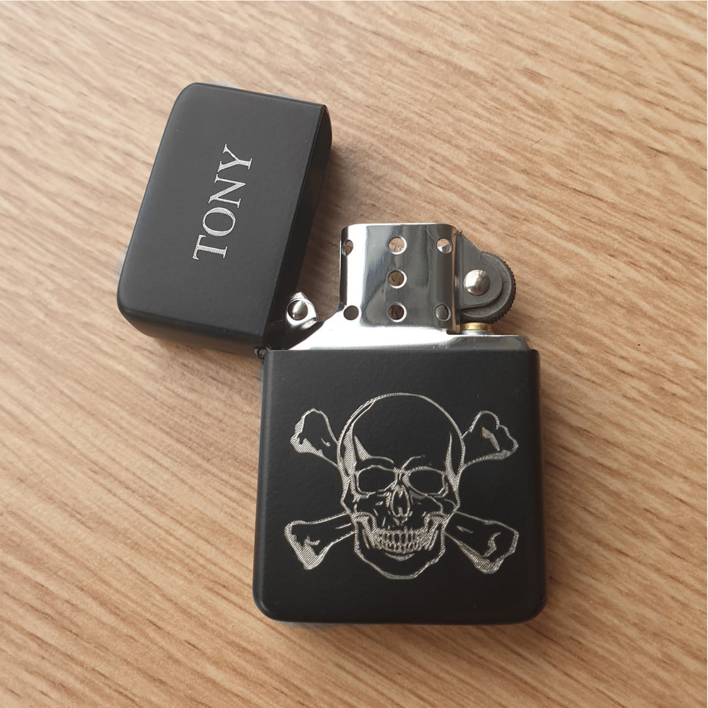 Personalised Black Lighter engraved with our Skull and Crossbones design