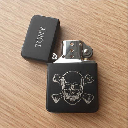 Personalised Black Lighter engraved with our Skull and Crossbones design