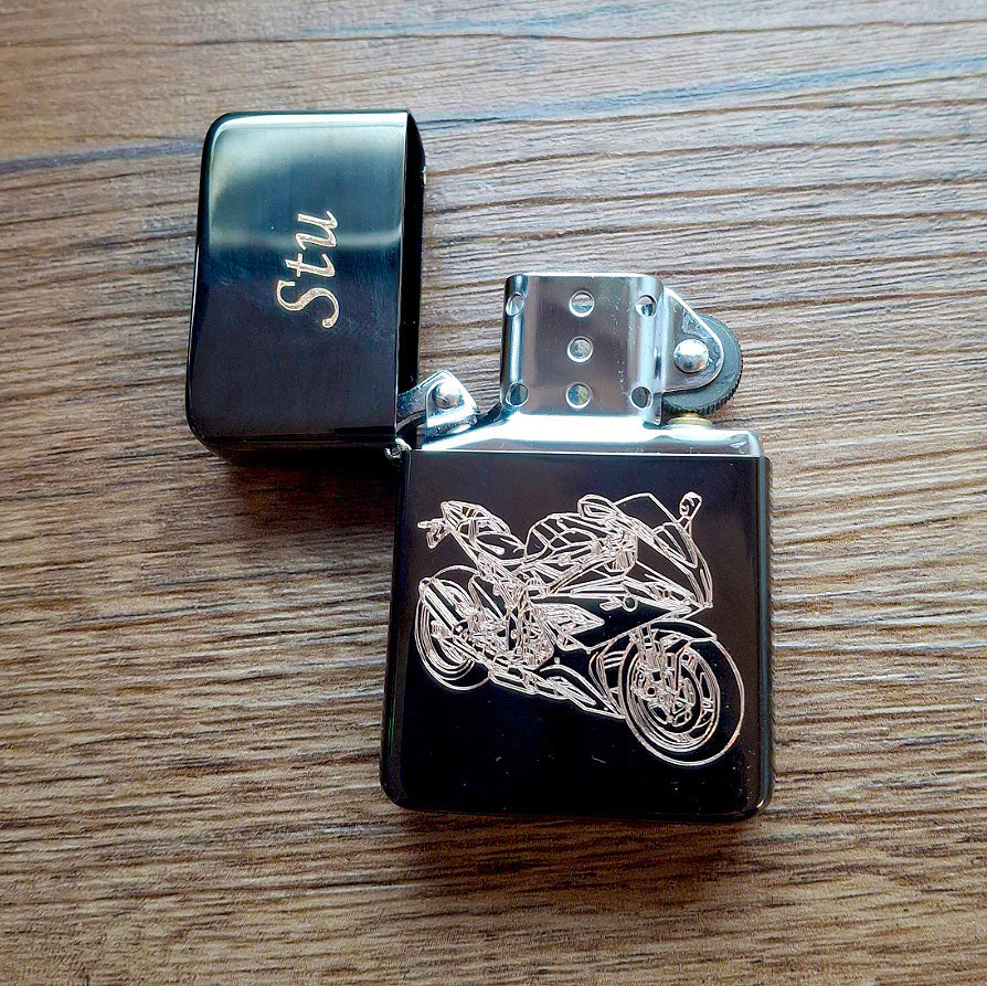 Black Ice lighter with S1000RR motorcycle design and 'Stu' text
