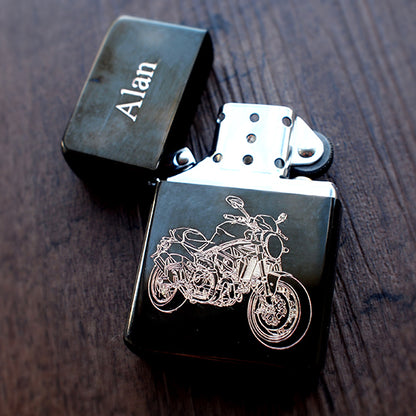 Duc Monster motorcycle engraved on black ice lighter