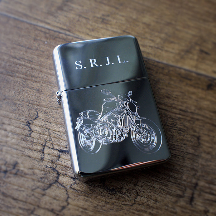 Monster Motorcycle engraved on a personalised chrome lighter
