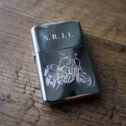 Monster Motorcycle engraved on a personalised chrome lighter