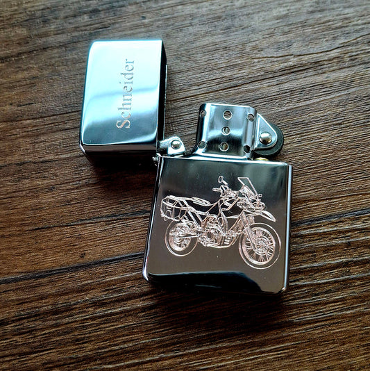 KLR650 enduro motorcycle engarved on Chrome Silver lighter
