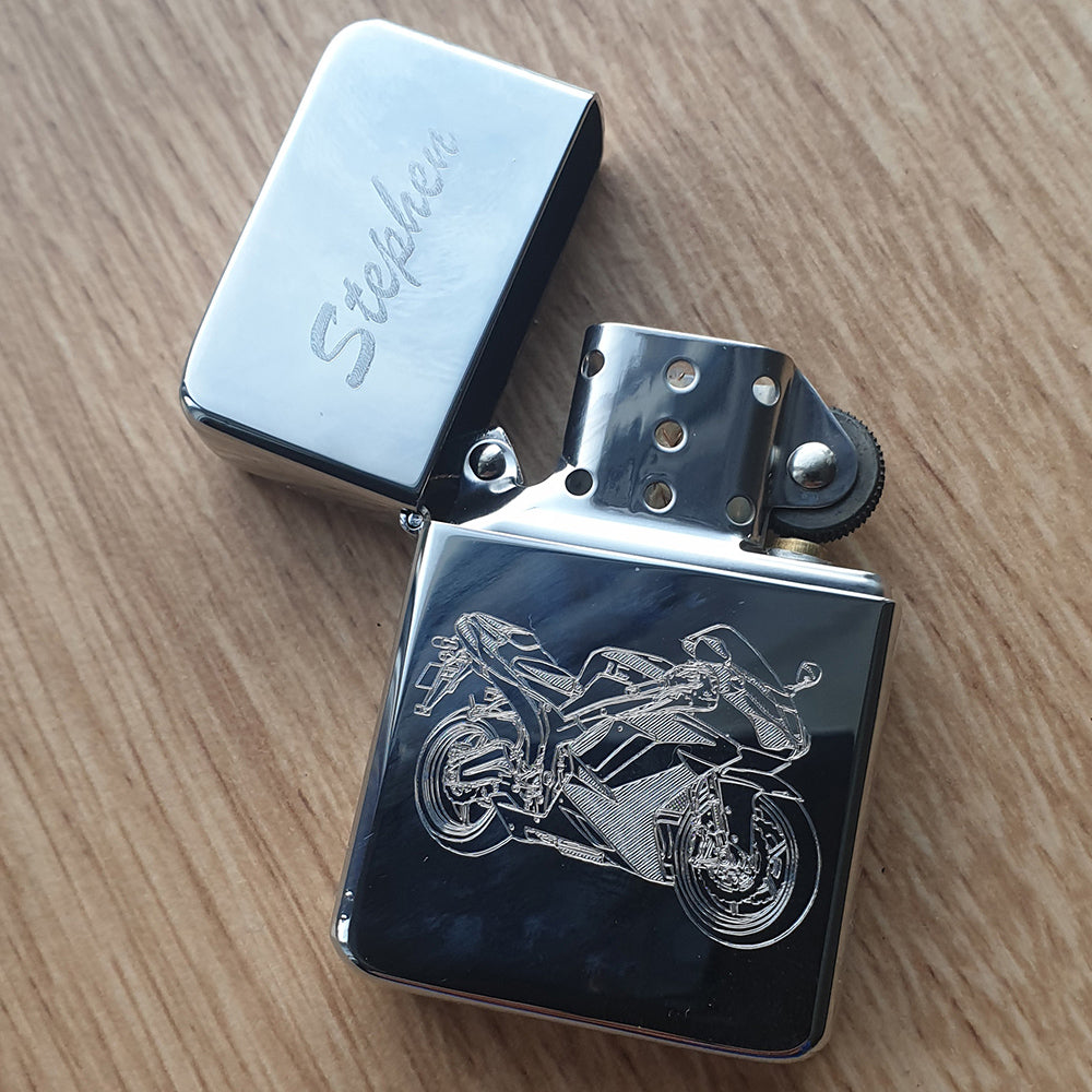 Racing Bike artwork engraved on silver chrome lighter