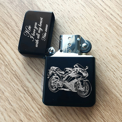 Racing motorcycle design engraved on black lighter with personalised message engraved on the lid.