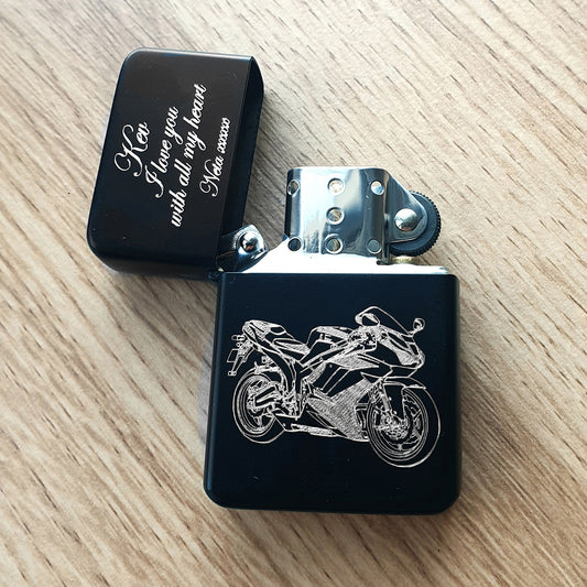 Racing motorcycle design engraved on black lighter with personalised message engraved on the lid.