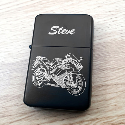 Racing Bike artwork engraved with lighter lid etched with the name Steve in brush script font