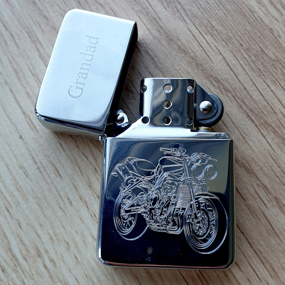 Monster motorcycle artwork engraved on a flip top lighter for grandad