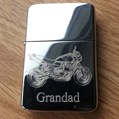 Chrome silver lighter engraved with GSX motorcyle artwork