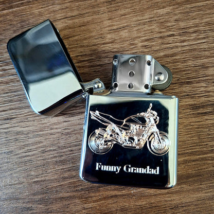 Chrome lighter with GSX motorcycle design and 'Funny Grandad' text