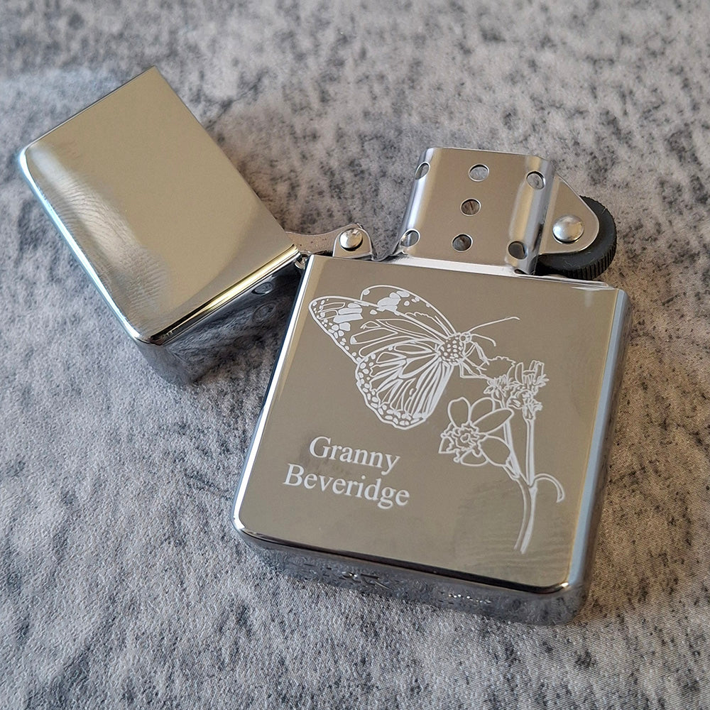 Personalised Chrome lighter engraved with our Butterfly and Plant artwork