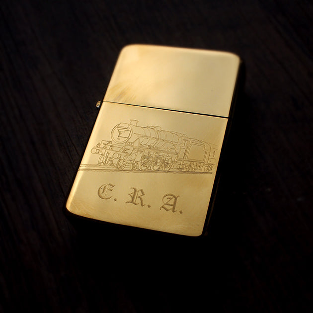 Steam Train locomotive artwork engraved on a Brass Lighter