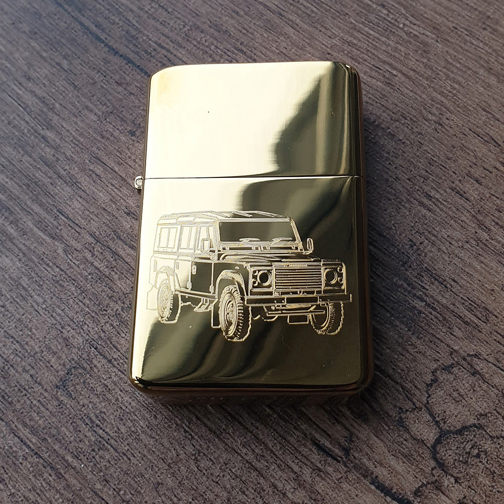 Brass land rover design etched into a Brass Lighter