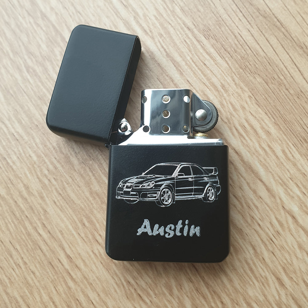 Black lighter with a WSX car illustration and 'Austin' text engraved