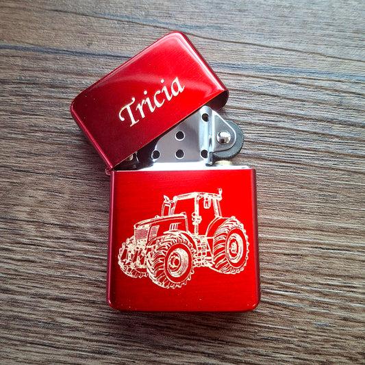 Tractor artwork etched into a personalised Red Lighter