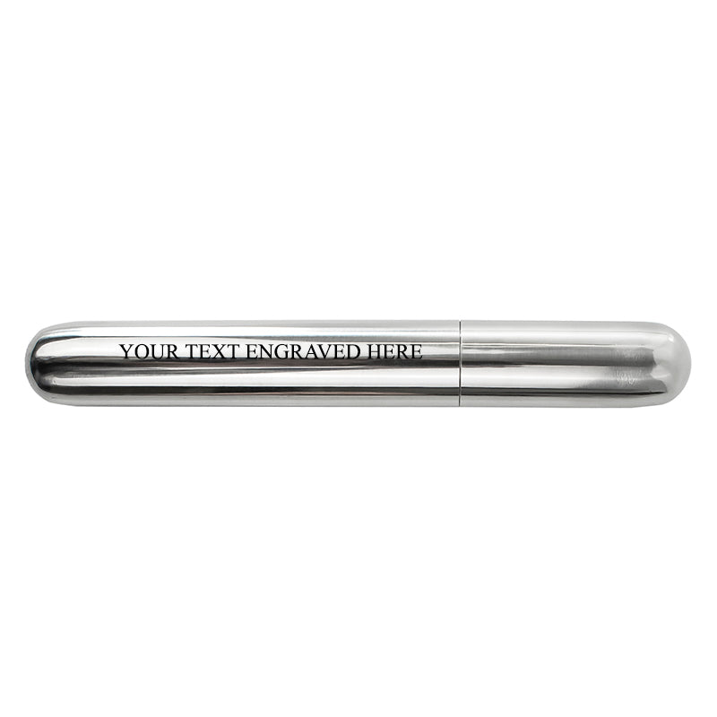 Silver cigar tube with 'Your Text Engraved Here' text on a white background