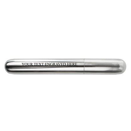 Silver cigar tube with 'Your Text Engraved Here' text on a white background