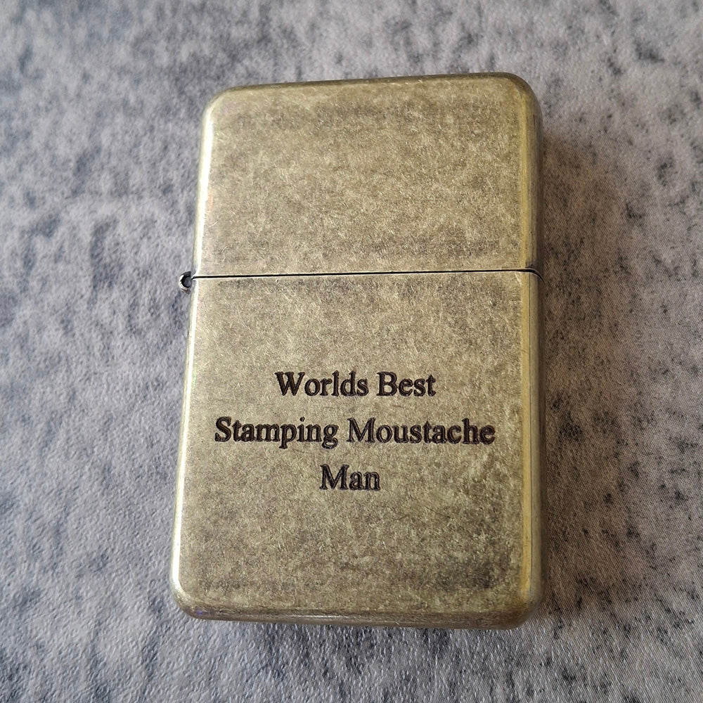 Vintage Brass style fuel lighter personalised with text.