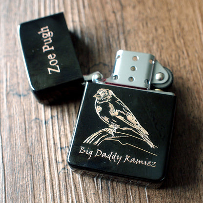 Open Fuel Lighter with Golden Fitch Bird Artwork and Personalised Message Engraved | Giftware Engraved