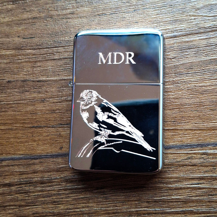 Golden Fitch Bird Engraved on Chrome Cigarette lighter with Initials on the Lid | Giftware Engraved