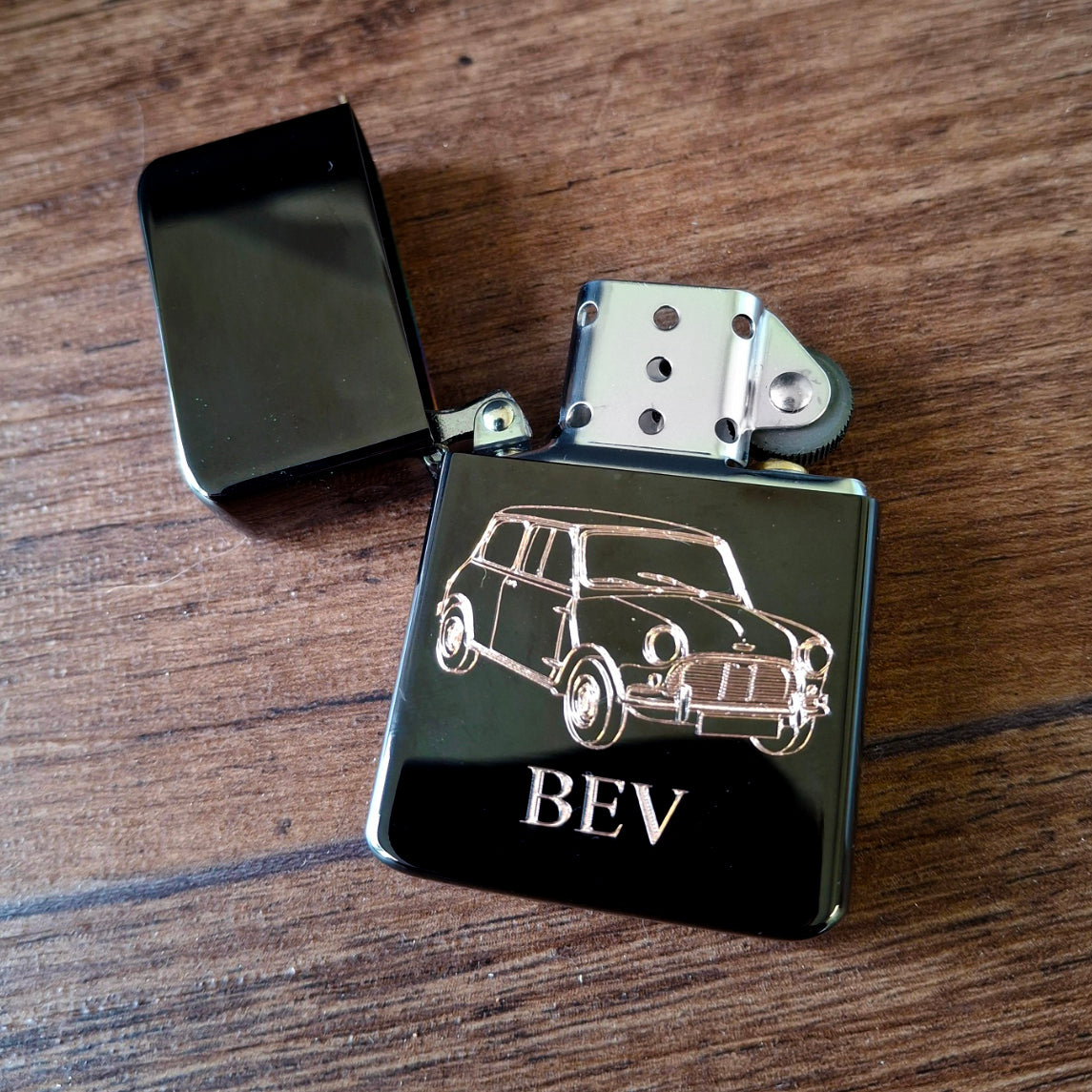 Classic Mini Car Engraved on Black Lighter with Personalisation | Giftware Engraved