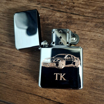 911 Car Engraved on Chrome Silver Lighter with Set of Initials | Giftware Engraved