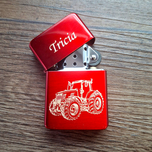 Our Tractor Artwork engraved on a Red Lighter with the Name Tricia in Monotype Corsiva font.