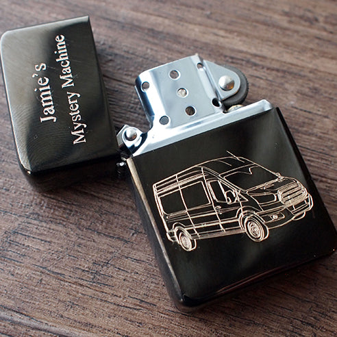 Transit Van Engraved on Black lighter with Additional Personalisation on Lid | Giftware Engraved