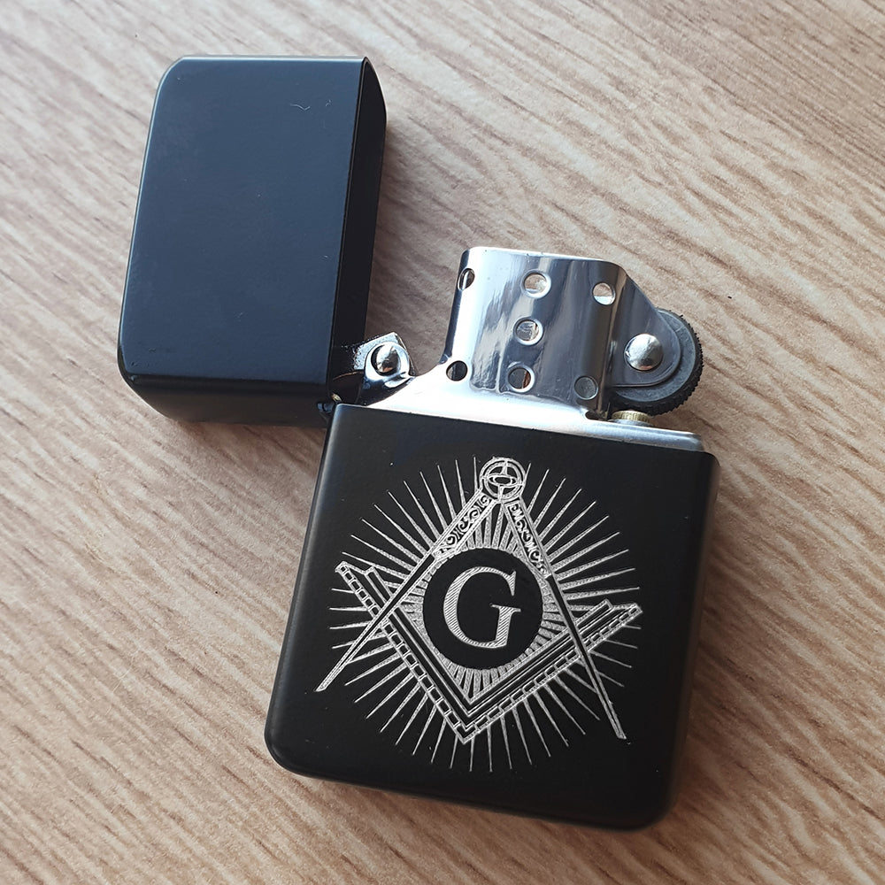 Masonic logo with Starburst Artwork engraved on Black lighter | Giftware Engraved