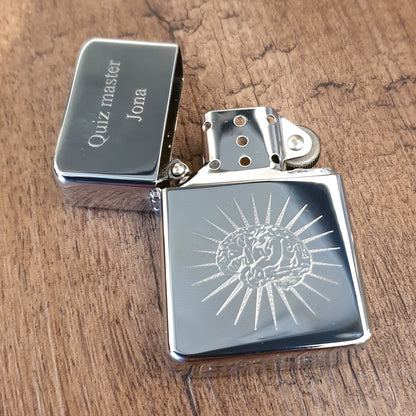 Brain Starburst Artwork Engrave don Silver Chrome lighter with additional engraving on Lid | Giftware Engraved