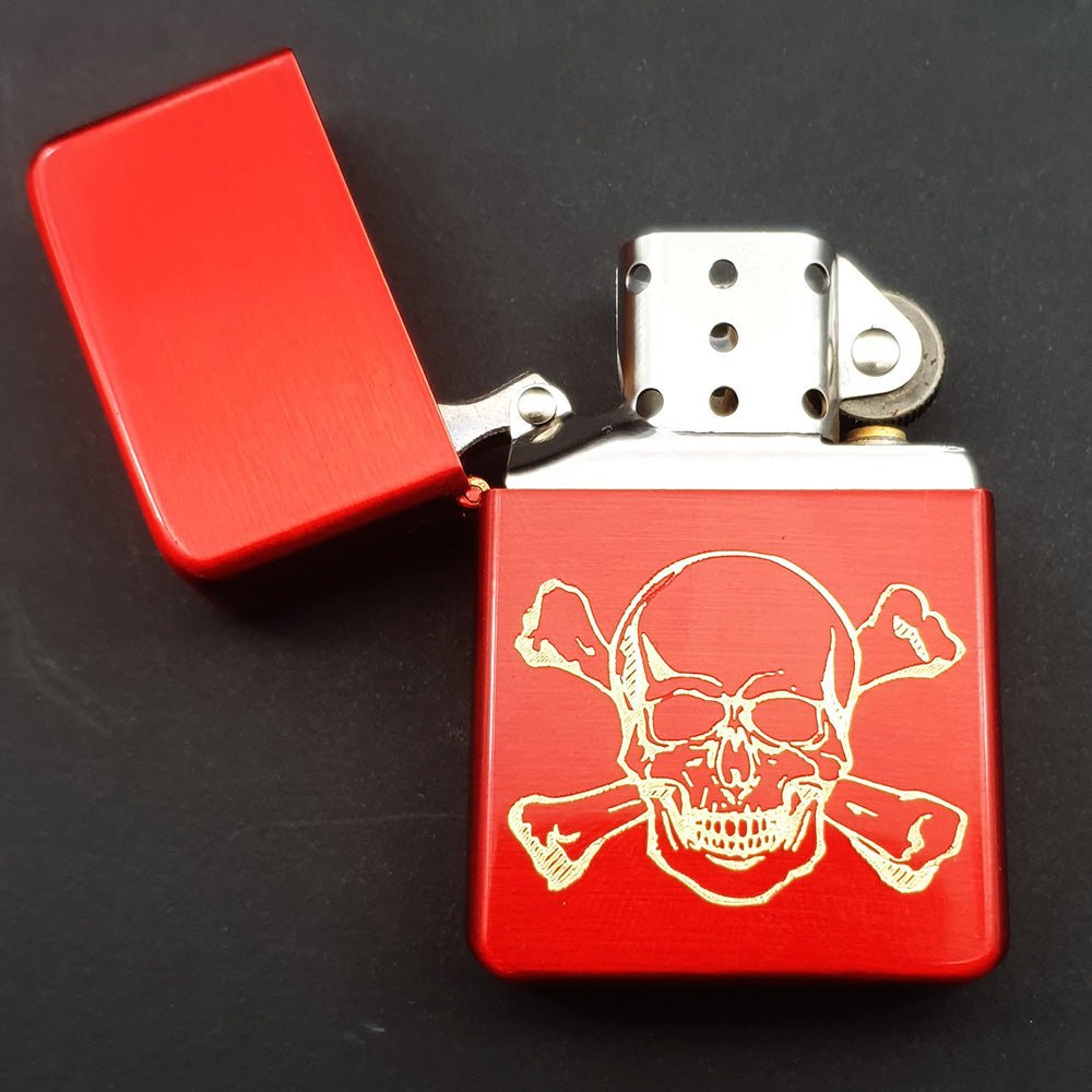 Our Skull and Crossbones Artwork on Open Red Fuel Lighter | Giftware Engraved