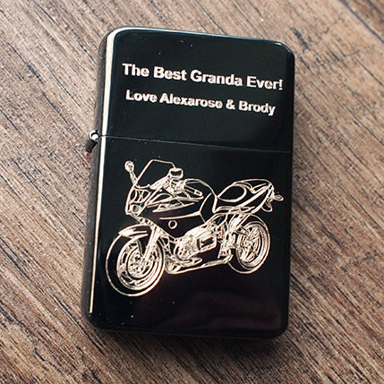 BM R1100 Motorcycle Engraved on Black Lighter with Message for Grandad on the Lid | Giftware Engraved