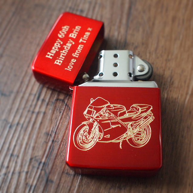 Duca 888 Motorcycle Engraved on Red Fuel Lighter with Additional Birthday Message engraved on the Lid | Giftware Engraved